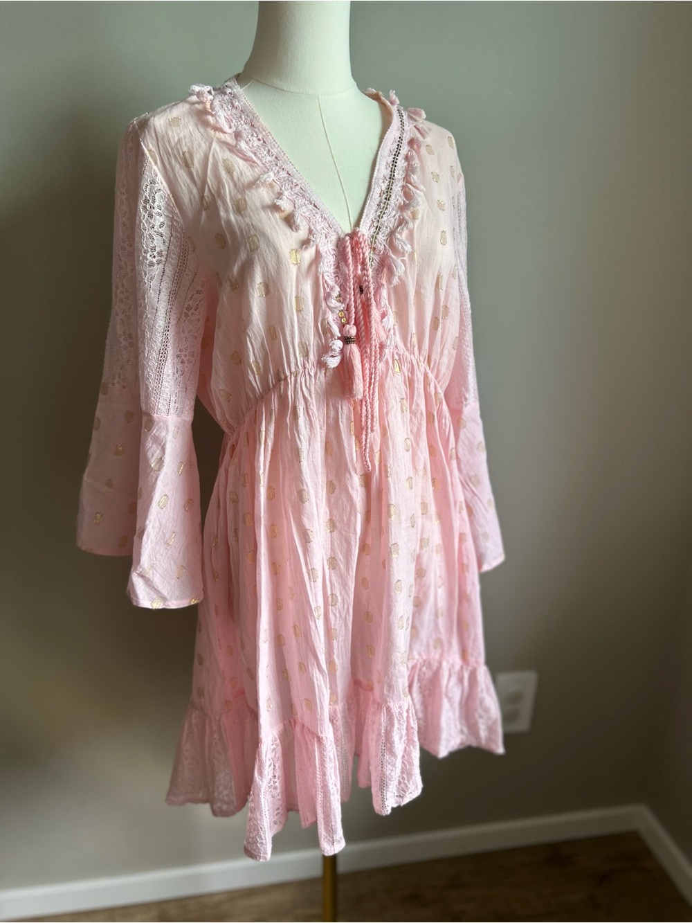 Cotton boho Light Pink Lace-Trim fringe Mini Dress with Gold Dot Accents summer